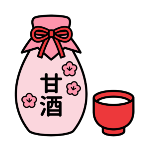 ひな祭りに使えるかわいい甘酒とおちょこのイラスト。梅の花付きで簡単に使える背景透過の無料素材です。