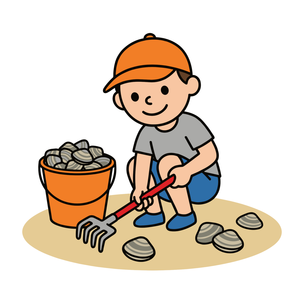 バケツにあさりを入れて熊手で潮干狩りをするかわいい男の子のイラスト