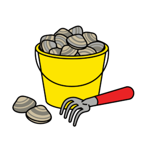 黄色いバケツに入ったあさりと熊手のかわいいイラスト。簡単に使える潮干狩り向けフリー素材。