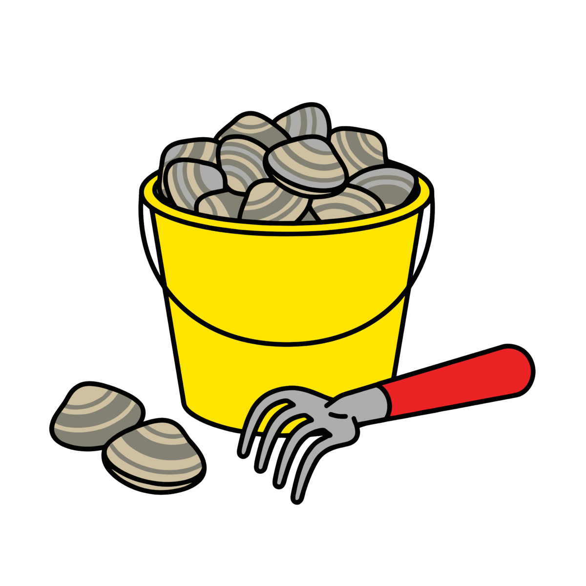 黄色いバケツに入ったあさりと赤い柄の熊手を描いたかわいい潮干狩りイラスト
