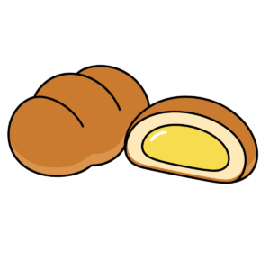 クリームが入ったかわいい菓子パンのイラスト。断面が見える簡単タッチの背景透過フリー素材。