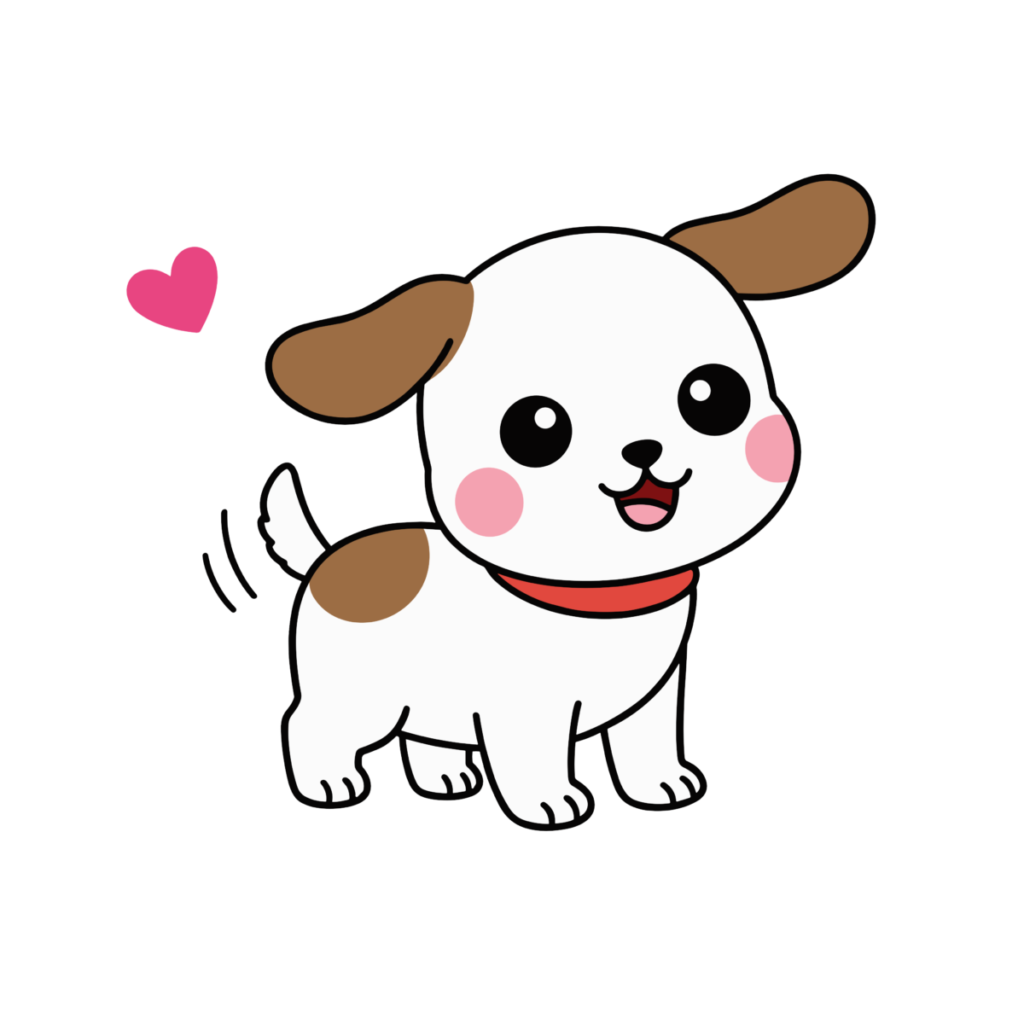 しっぽを振って笑顔を見せるかわいい犬のイラスト。シンプルで簡単に使える背景透過素材