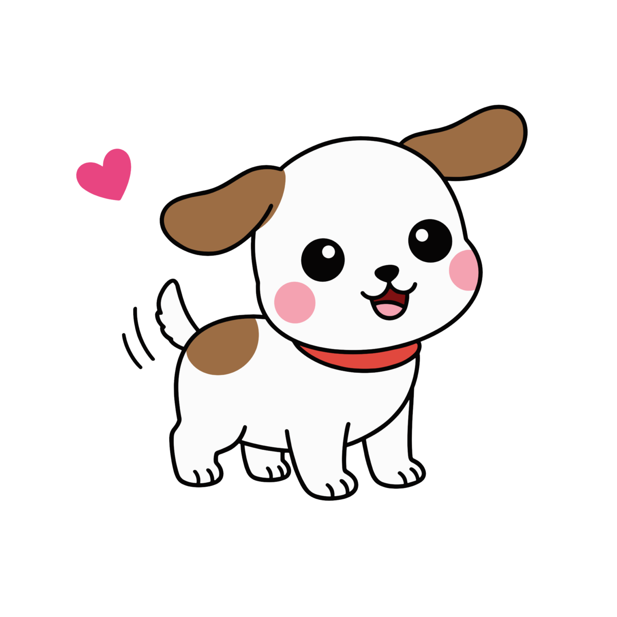 ハートマークと一緒にしっぽを振るかわいい犬のイラスト。シンプルで簡単に使える背景透過PNG素材