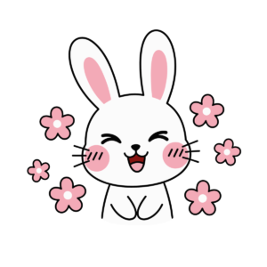 花に囲まれて笑顔を見せるかわいいうさぎのイラスト。シンプルで簡単に使える背景透過素材