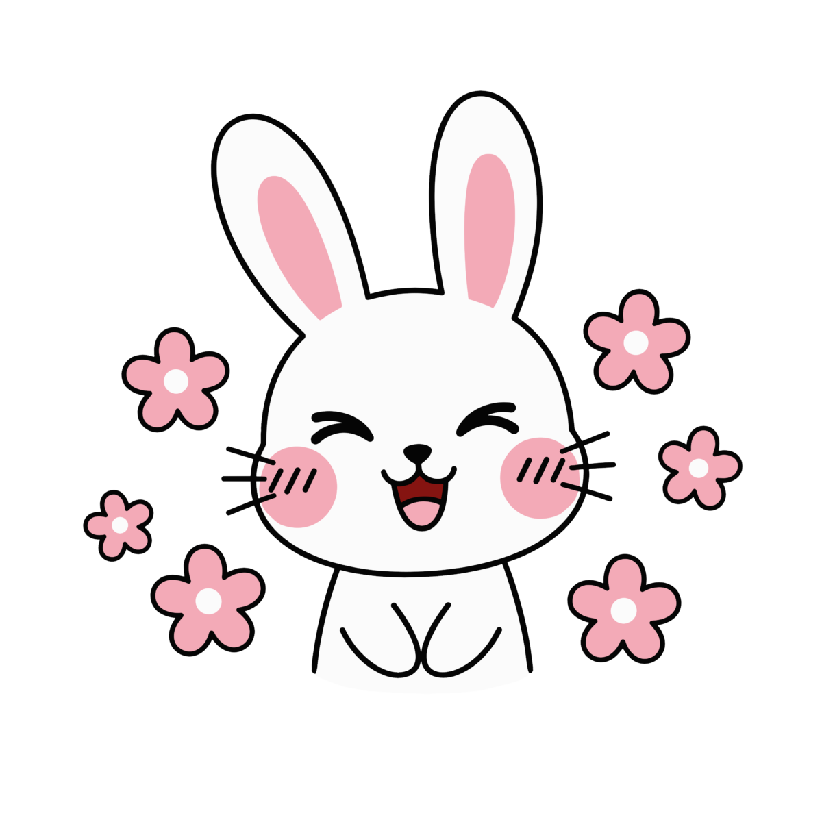 花に囲まれてにっこり笑うかわいいうさぎのイラスト。シンプルで簡単に使える背景透過PNG素材