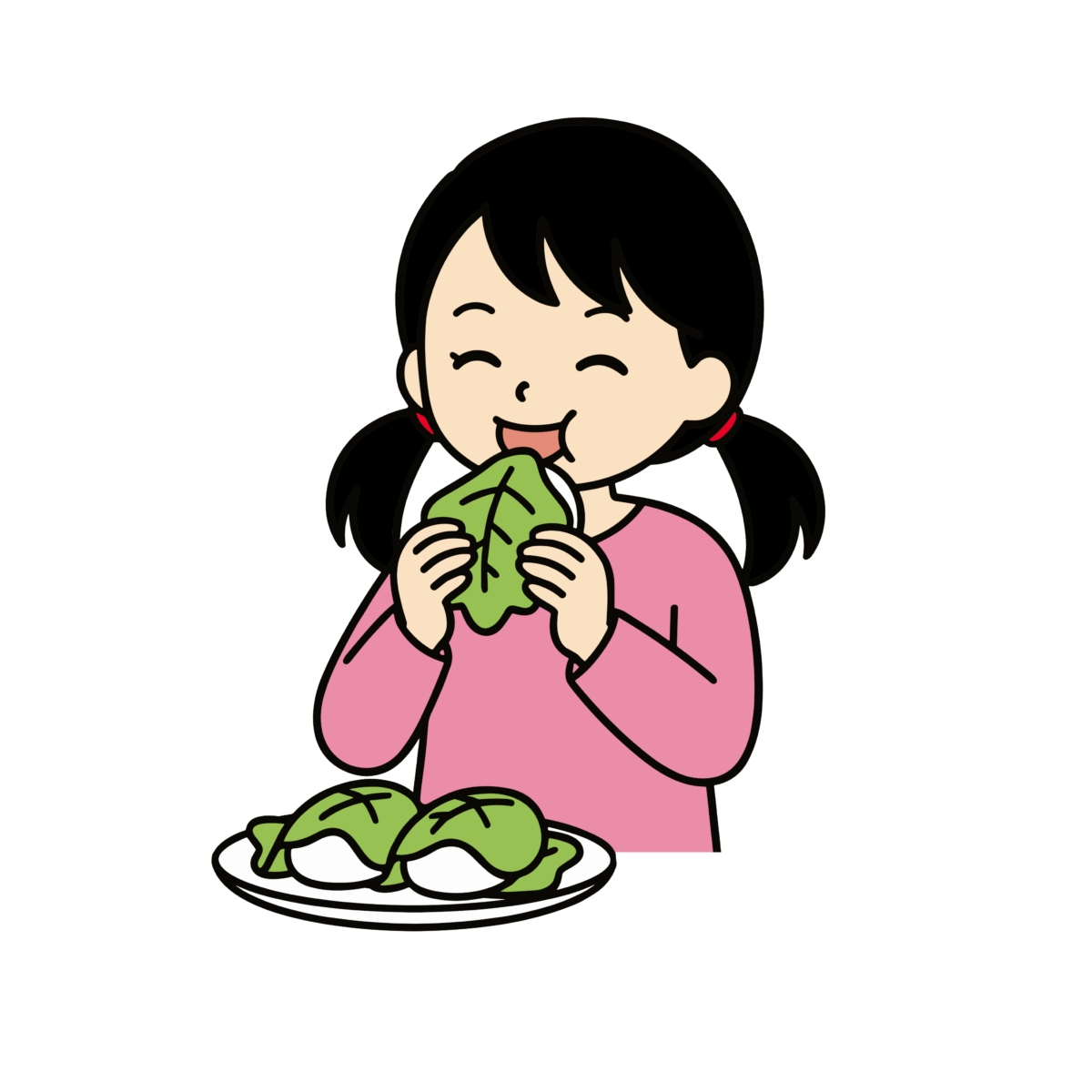 柏餅を手に持ち、笑顔で食べているかわいい女の子のイラスト。こどもの日に簡単に使える背景透過素材。