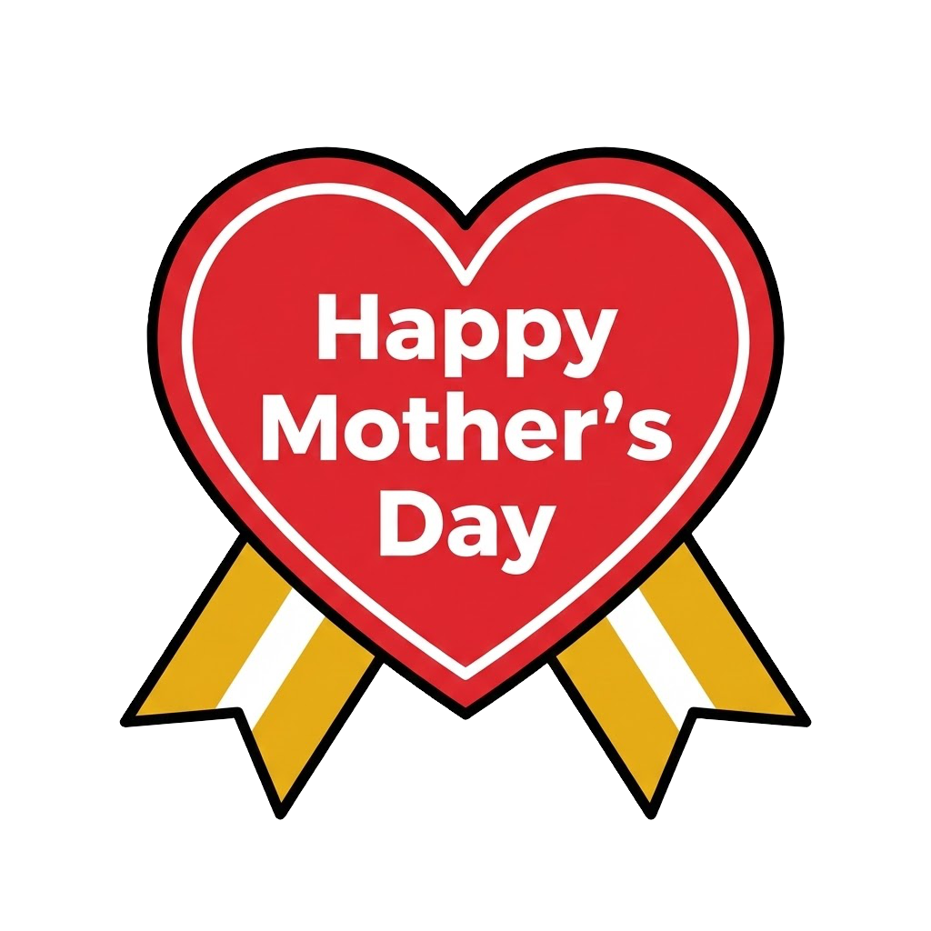 Happy Mother's Dayと書かれたかわいいハートとリボンのイラスト。母の日に簡単に使える背景透過PNG素材です。