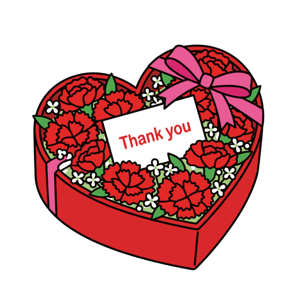 ハート型のフラワーボックスにカーネーションとThank youカードを添えたかわいいイラスト。母の日の感謝が簡単に伝わるフリー素材です。