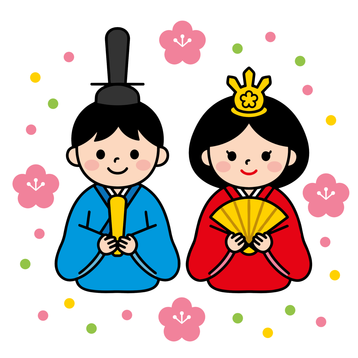 扇子を持ったかわいいおひなさまとしゃくを持ったおだいりさまのひな祭りイラスト。簡単タッチの背景透過無料素材。