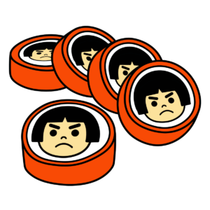 怒った表情の顔が並ぶ金太郎飴風のかわいいイラスト。簡単に使える和風デザインの背景透過素材です。