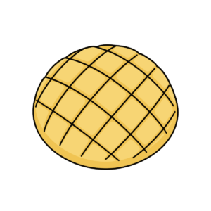 格子模様が入ったかわいいメロンパンのイラスト。簡単タッチで使いやすい背景透過フリー素材。