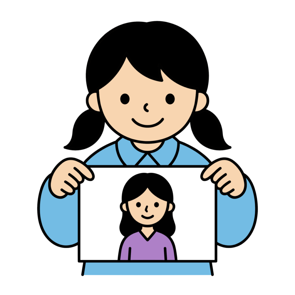 かわいい簡単タッチで子どもがお母さんの似顔絵を持っているイラスト。母の日にも使いやすい背景透過PNG素材です。