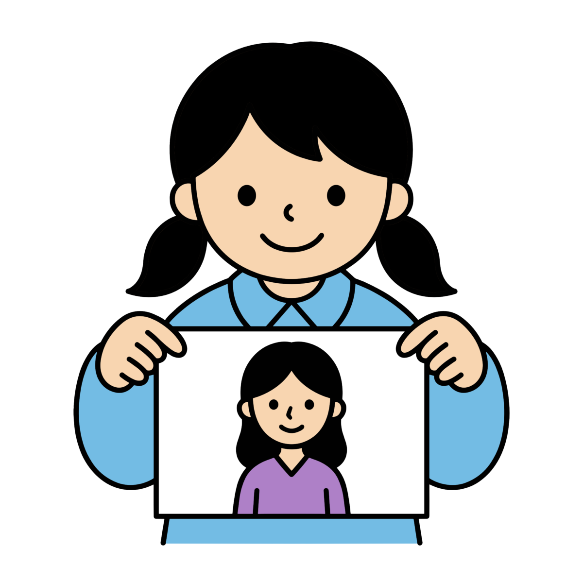 子どもがお母さんの似顔絵を持っているかわいい簡単タッチのイラスト