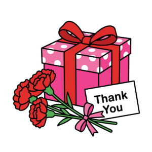 カーネーションとプレゼントボックスのかわいいイラスト。Thank Youカード付きで母の日の感謝が簡単に伝わるフリー素材です。