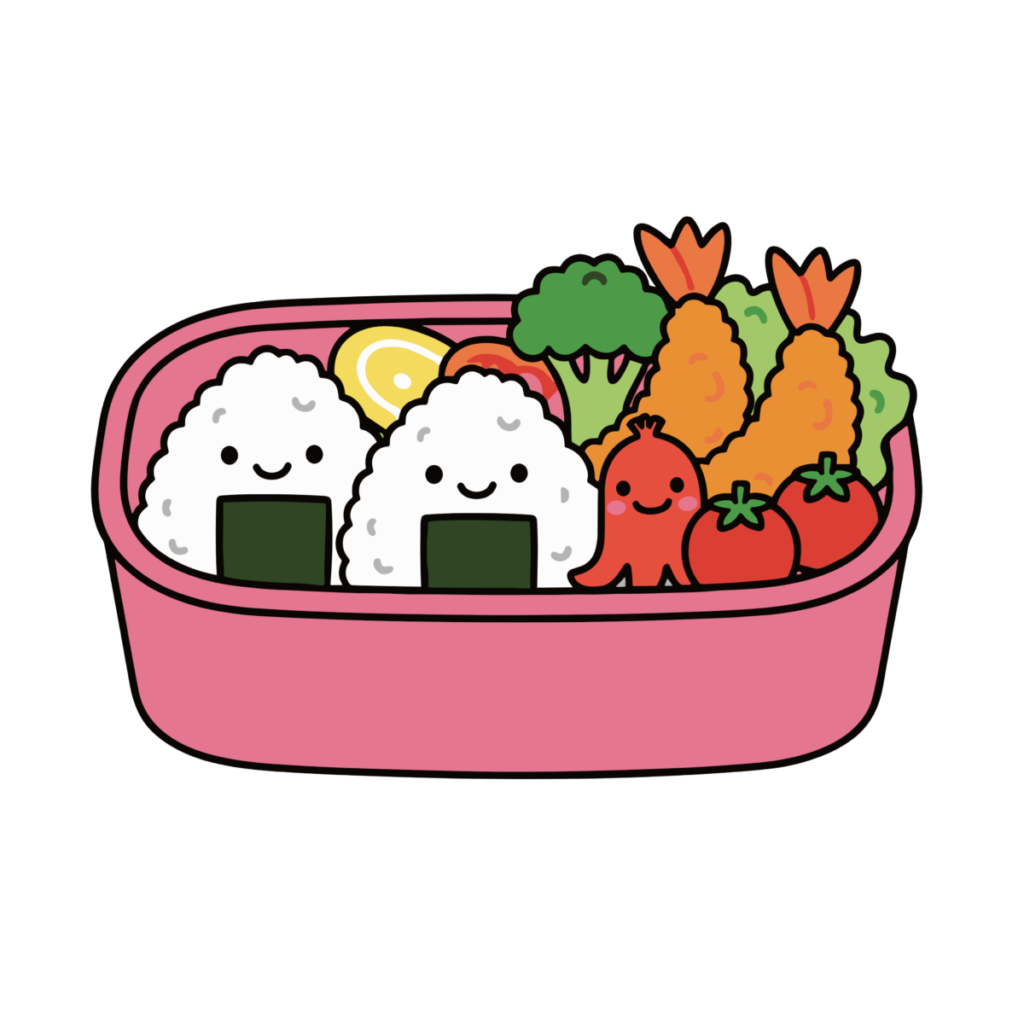 かわいい簡単タッチのピクニック弁当イラスト。おにぎりやエビフライ、野菜が入ったお弁当箱の背景透過PNG素材です。