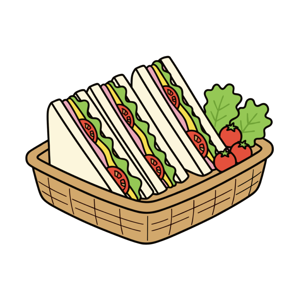 かわいい簡単タッチのピクニック弁当イラスト。バスケットにサンドイッチとトマト、レタスが入った背景透過PNG素材です。
