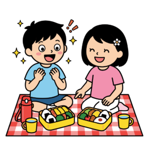 ピクニック弁当に驚いて目を輝かせるかわいい子どもたちのイラスト。簡単に使える春の行楽向けフリー素材。