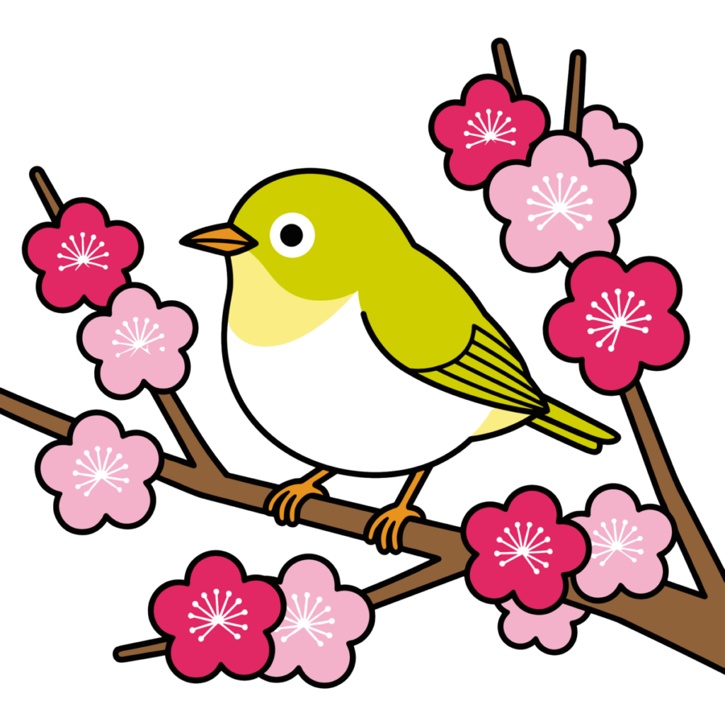 梅の花と小鳥のかわいいイラスト。春やひな祭りに簡単に使える背景透過の無料フリー素材です。
