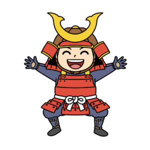 赤いよろいとかぶとを着て両手を広げる男の子のかわいいイラスト。こどもの日に簡単に使えるフリー素材です。