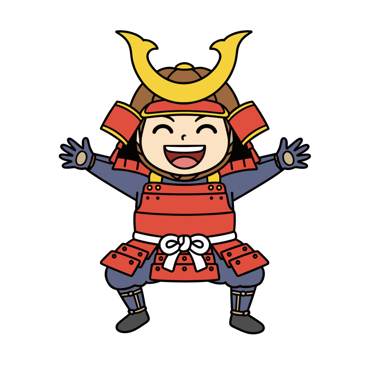 赤いよろいとかぶとを身につけ、両手を広げて笑顔のかわいい男の子のイラスト。こどもの日に簡単に使える背景透過素材。