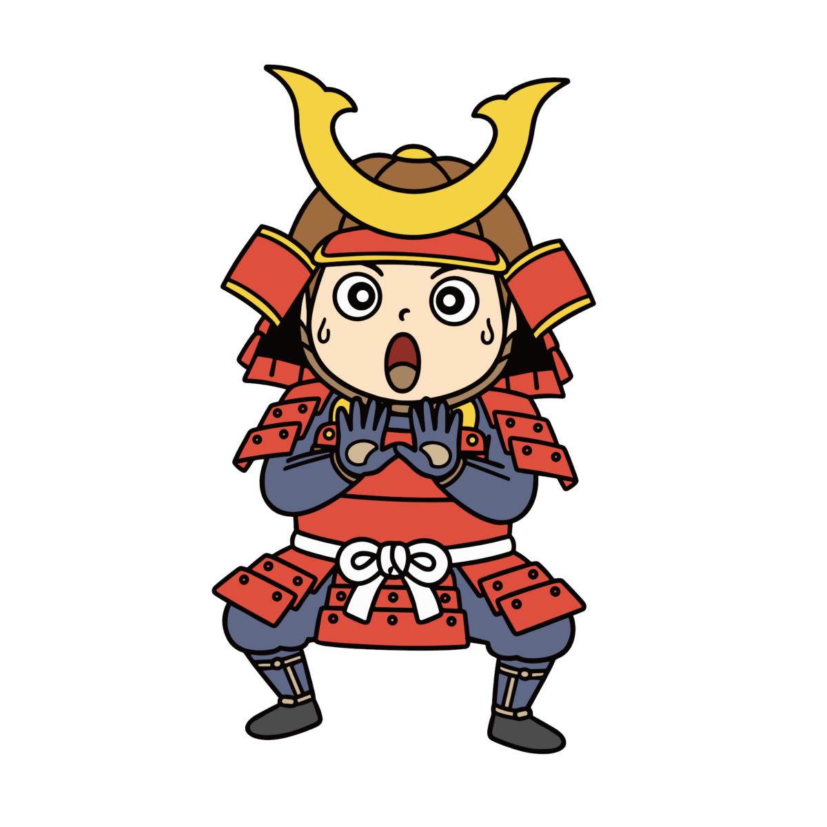 赤いよろいとかぶとを身につけ、驚いた表情で立つかわいい男の子のイラスト。こどもの日に簡単に使える背景透過素材。