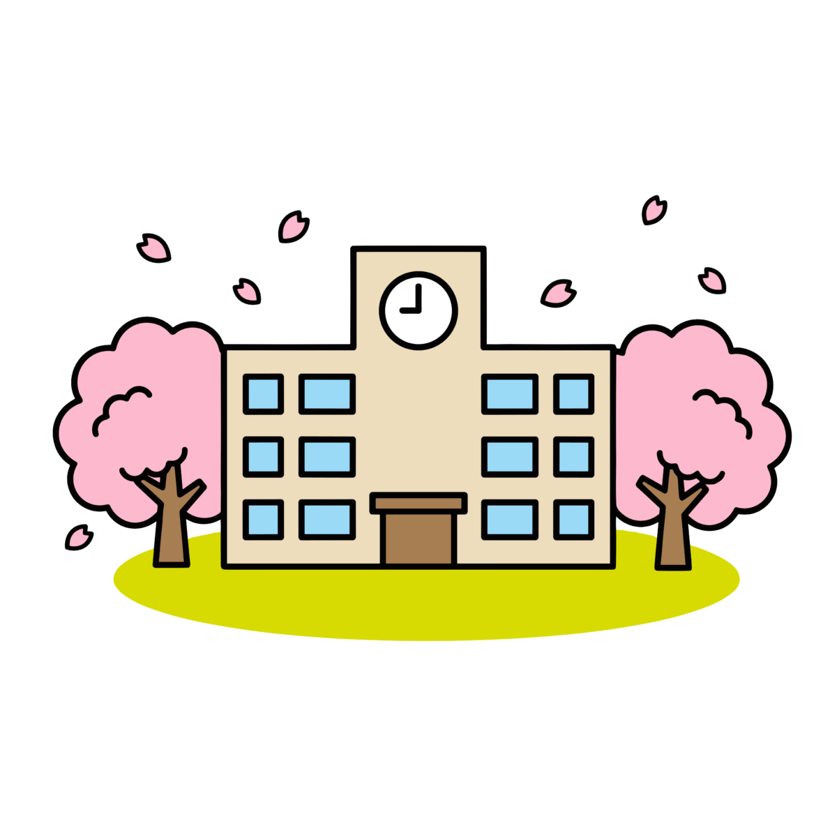 桜の木に囲まれたかわいい学校校舎のイラスト。春や入学シーズンに簡単に使える背景透過PNG素材です。