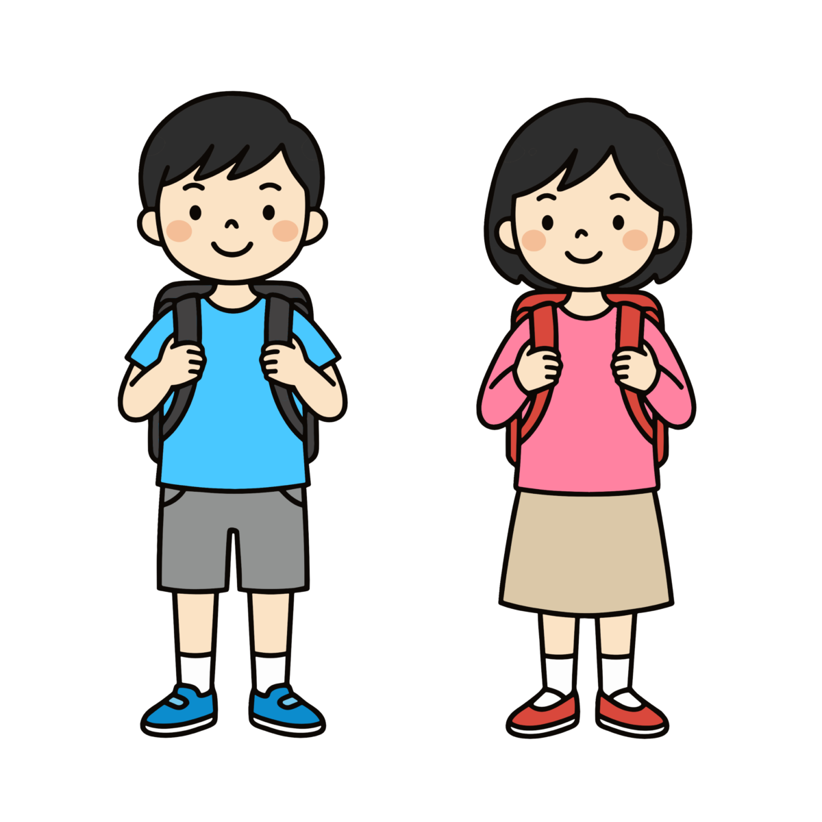 ランドセルを背負った小学生の男の子と女の子のかわいいイラスト。入学や新学期に簡単に使えるフリー素材です。