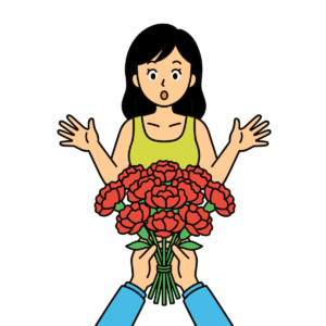 花束を受け取って驚いている女性のかわいいイラスト。母の日のプレゼントシーンに使いやすく、簡単に気持ちが伝わるフリー素材です。