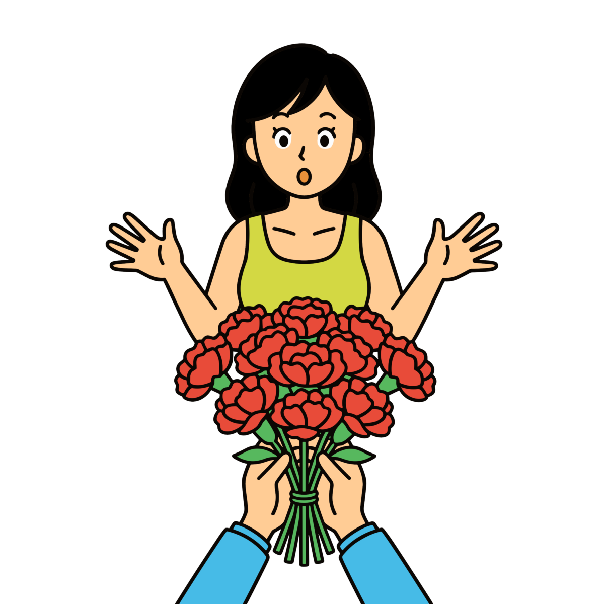 花束をプレゼントされて驚いた表情をしている女性のかわいいイラスト。母の日や感謝のシーンに簡単に使える背景透過素材です。