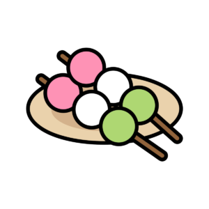 ひな祭りに使えるかわいい三色団子のイラスト。ピンク・白・緑の団子が並んだ簡単で使いやすい背景透過素材です。