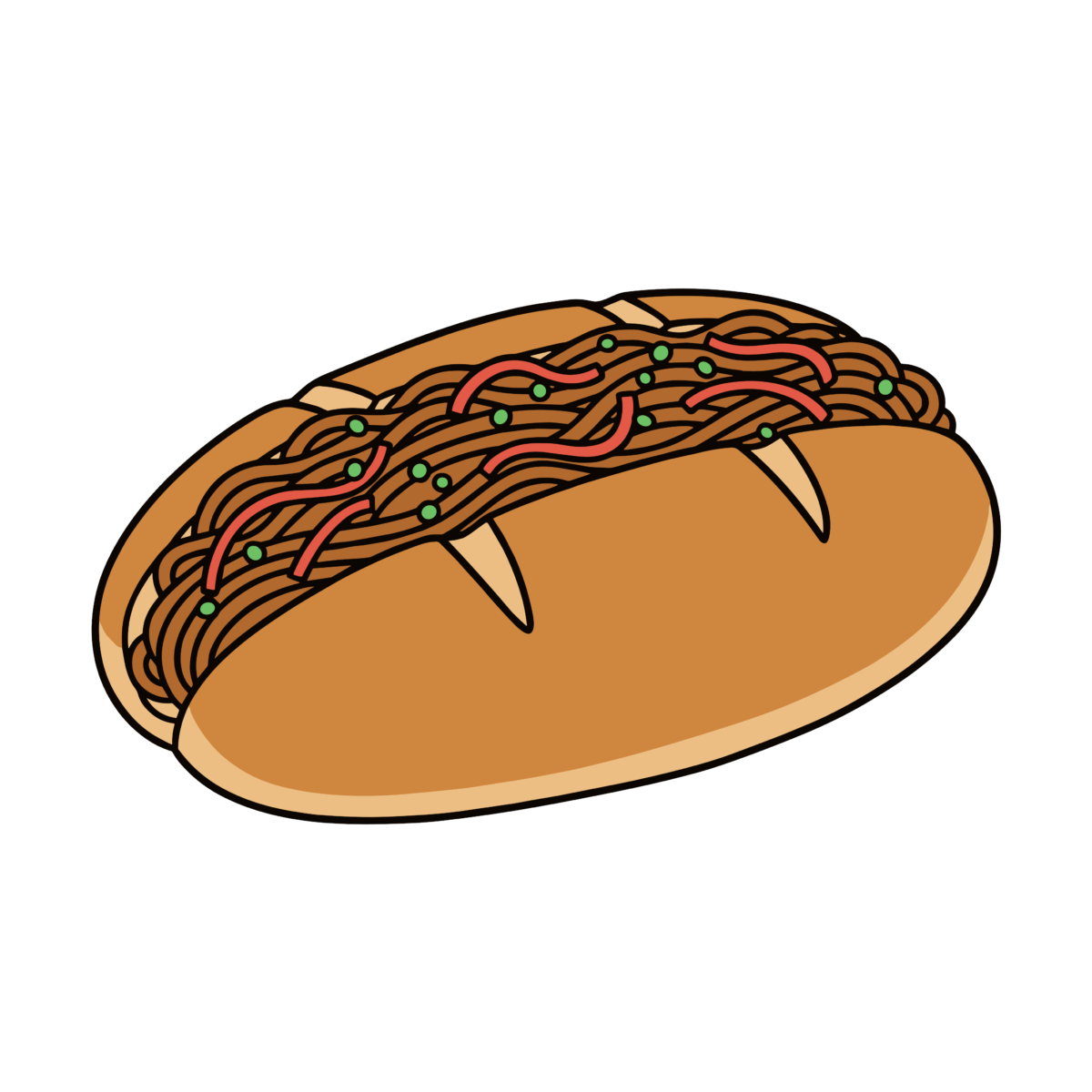 ソース焼きそばをはさんだ焼きそばコッペパンのイラスト。かわいい簡単タッチの背景透過PNG素材。