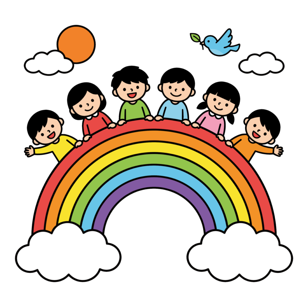 虹の上で子どもたちが笑っているかわいいイラスト。保育や教育で簡単に使えるカラフルなレインボー素材