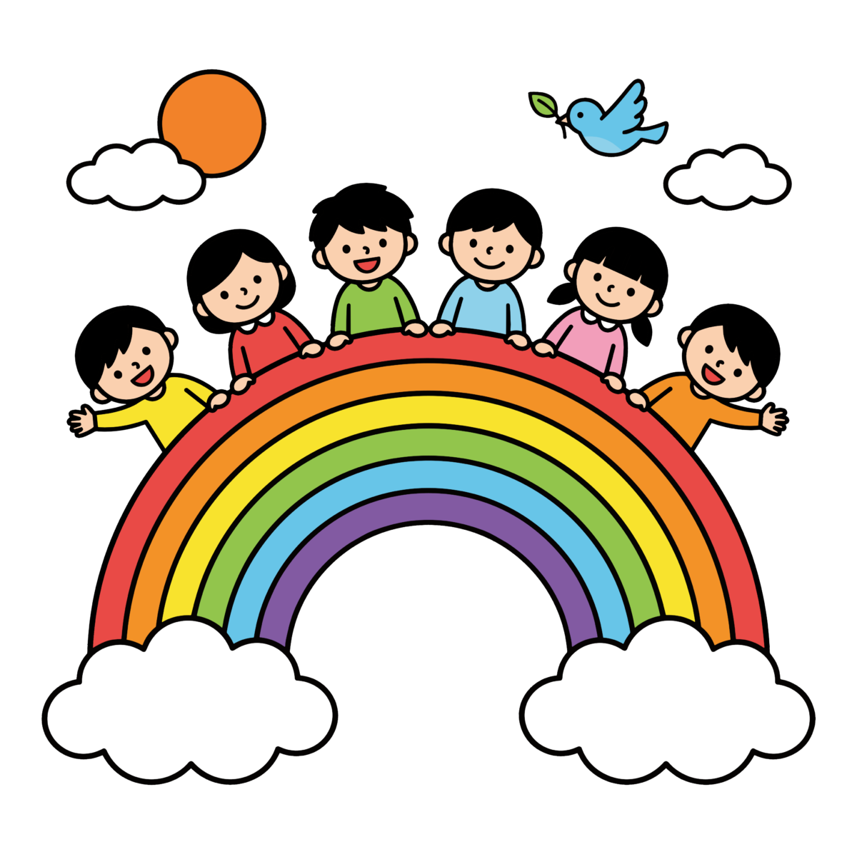 虹の上で笑う子どもたちと太陽や鳥が描かれたかわいいレインボーのイラスト