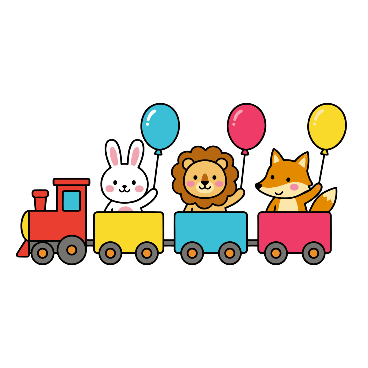 風船を持ったうさぎ・ライオン・きつねがカラフルな汽車に乗っているかわいい動物のイラスト。保育や子ども向け素材として簡単に使える背景透過PNGです。