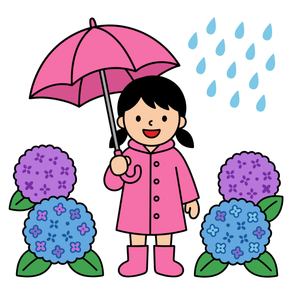 紫陽花の横でピンクの傘をさす女の子のかわいい簡単タッチイラスト。梅雨に使いやすい背景透過素材