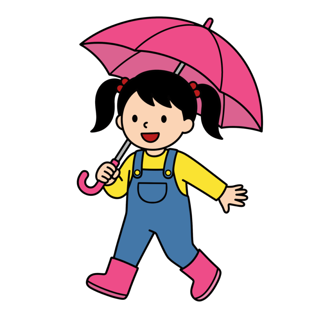 ピンクの傘をさした女の子のかわいい簡単タッチイラスト。雨の日や梅雨に使いやすい背景透過素材