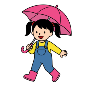 ピンクの傘をさした女の子のかわいい簡単タッチイラスト。雨の日や梅雨に使いやすい背景透過素材