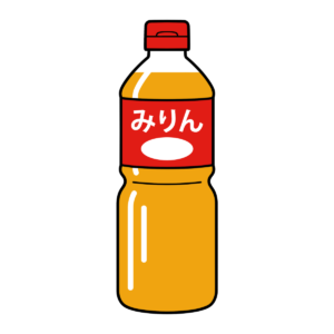 料理に使うみりんのボトルのかわいいイラスト。調味料の説明やレシピ記事にも簡単に使えるシンプルで見やすいフリー素材です。