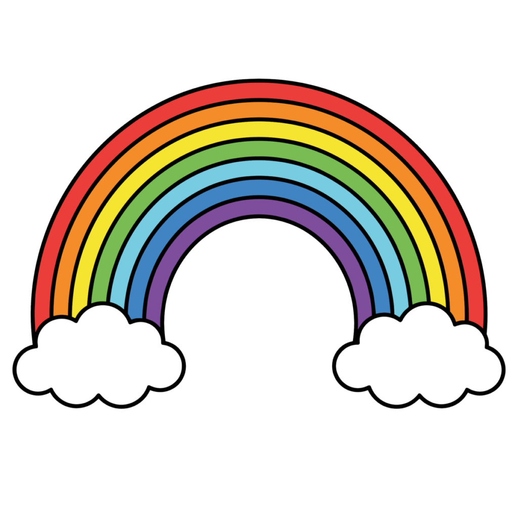 雲の上にかかるかわいい虹のイラスト。シンプルで簡単に使えるカラフルなレインボー素材