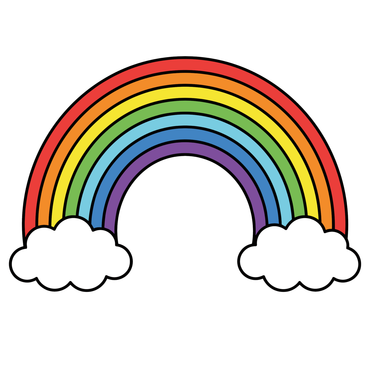 雲の上にかかるカラフルでかわいい虹のイラスト。シンプルで簡単に使えるレインボー素材