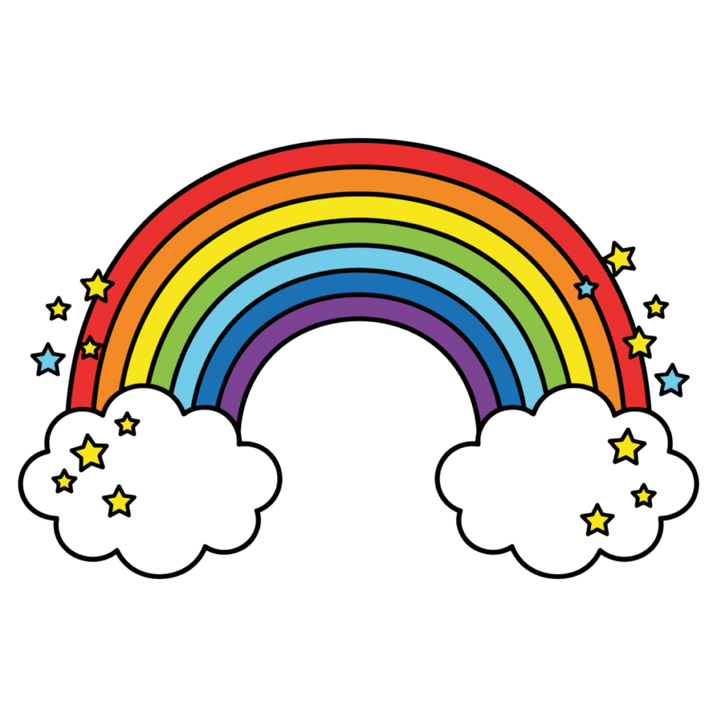 星と雲に囲まれたかわいい虹のイラスト。シンプルで簡単に使えるカラフルなレインボー素材