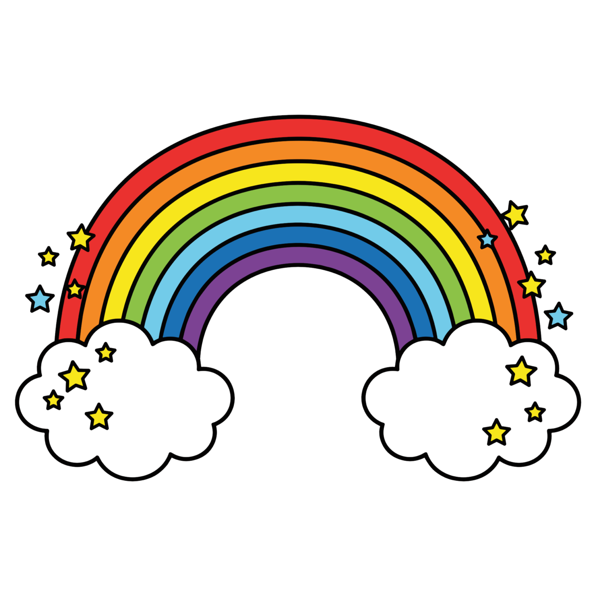 星と雲に囲まれたカラフルでかわいい虹のイラスト。シンプルで簡単に使えるレインボー素材