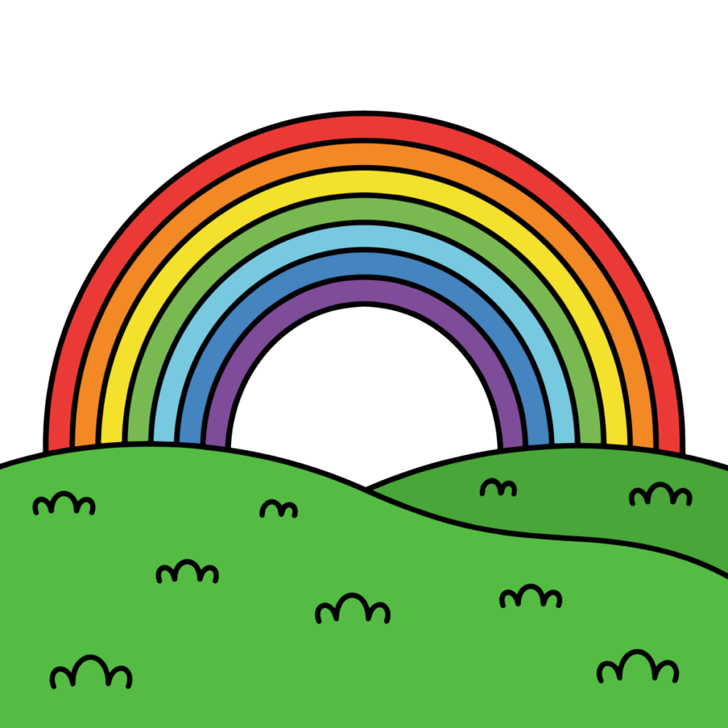 丘の上にかかるかわいい虹のイラスト。シンプルで簡単に使えるカラフルなレインボー素材