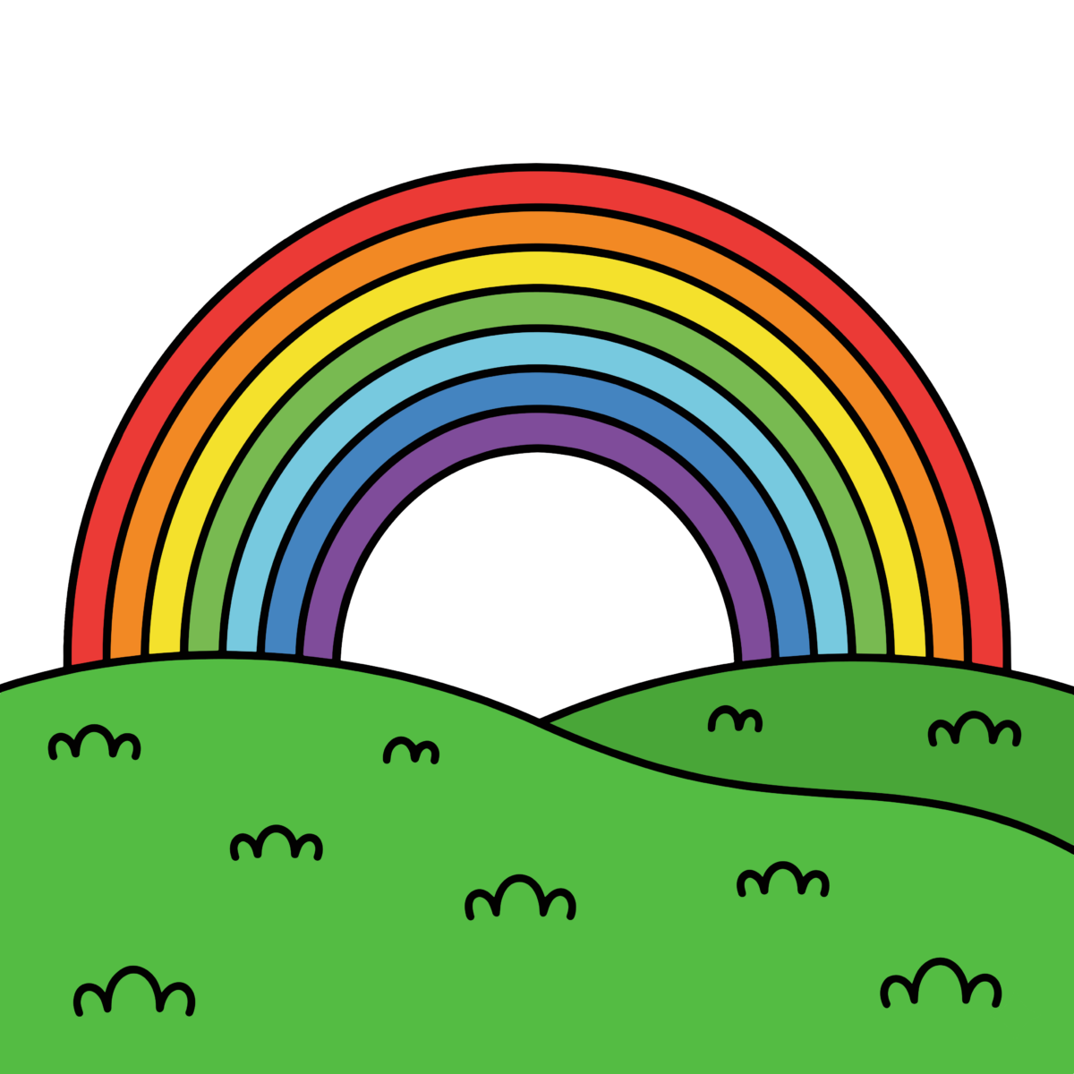 丘の上にかかるカラフルでかわいい虹のイラスト。シンプルで簡単に使えるレインボー素材