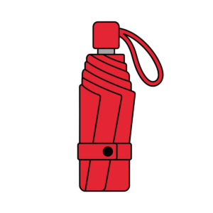 赤い折りたたみ傘のかわいい簡単タッチイラスト。雨の日や梅雨に使いやすい背景透過素材