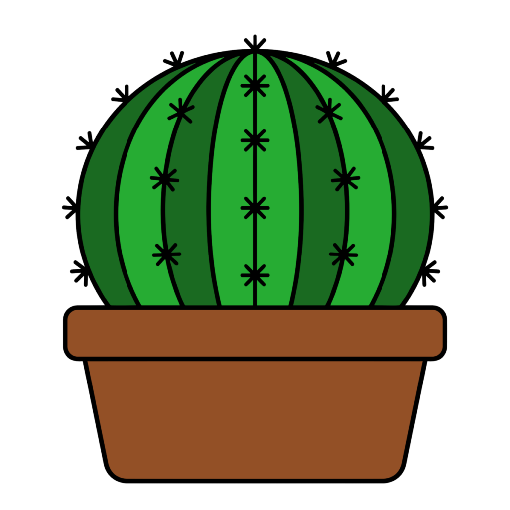 丸いサボテンの鉢植えを描いたかわいいシンプルで簡単な植物イラスト