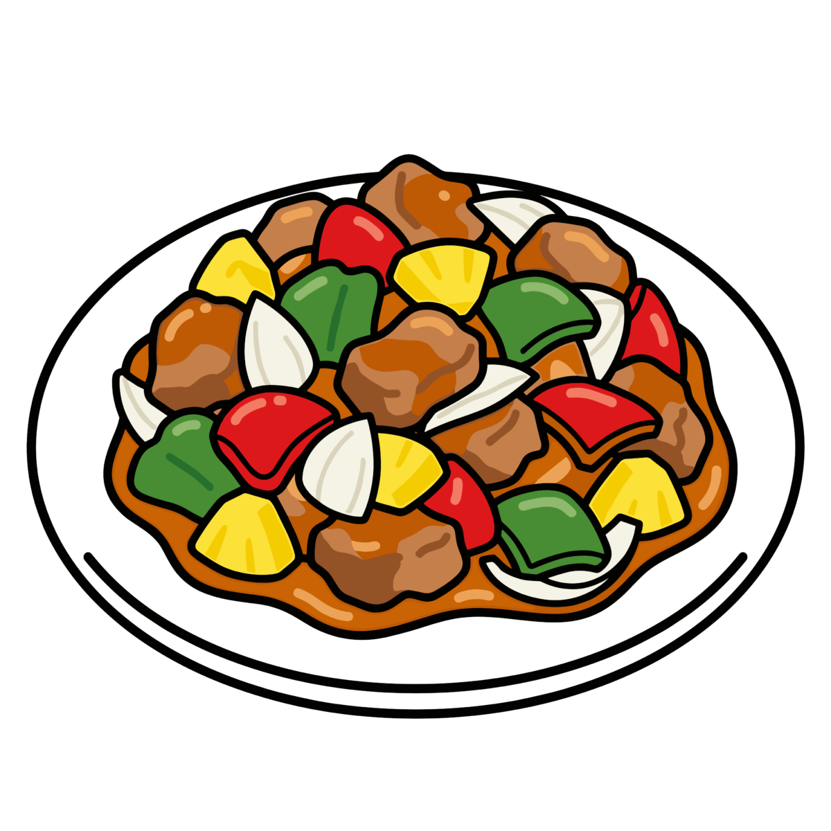 豚肉と野菜がたっぷり入ったかわいい酢豚の中華料理イラスト