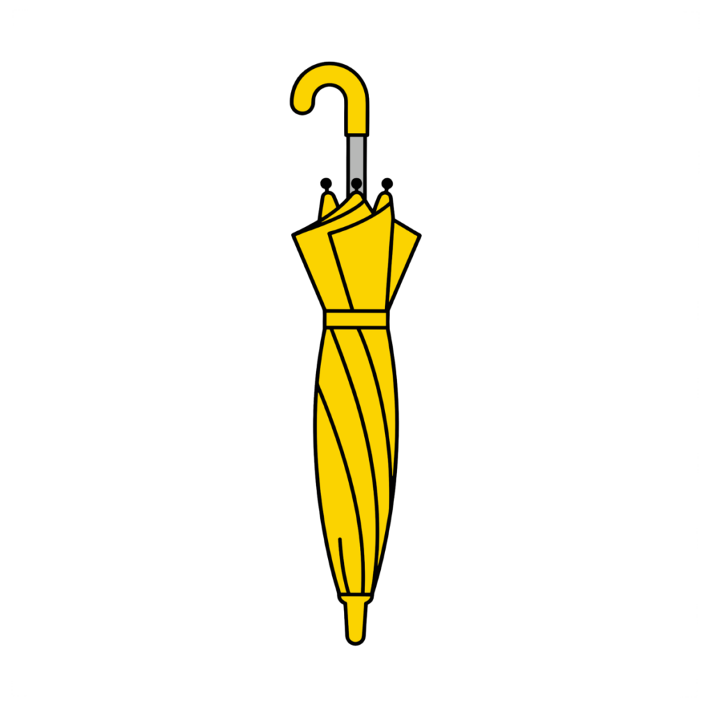 閉じた状態の黄色い傘のかわいい簡単タッチイラスト。雨の日や梅雨に使いやすい素材