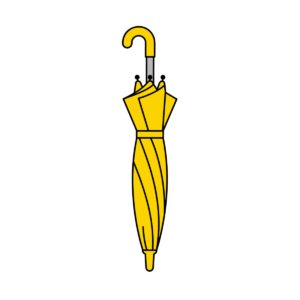 閉じた状態の黄色い傘のかわいい簡単タッチイラスト。雨の日や梅雨に使いやすい素材