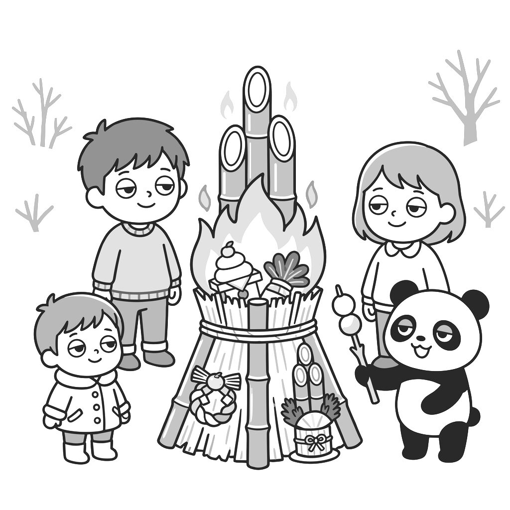どんど焼きのイラスト（モノクロ）